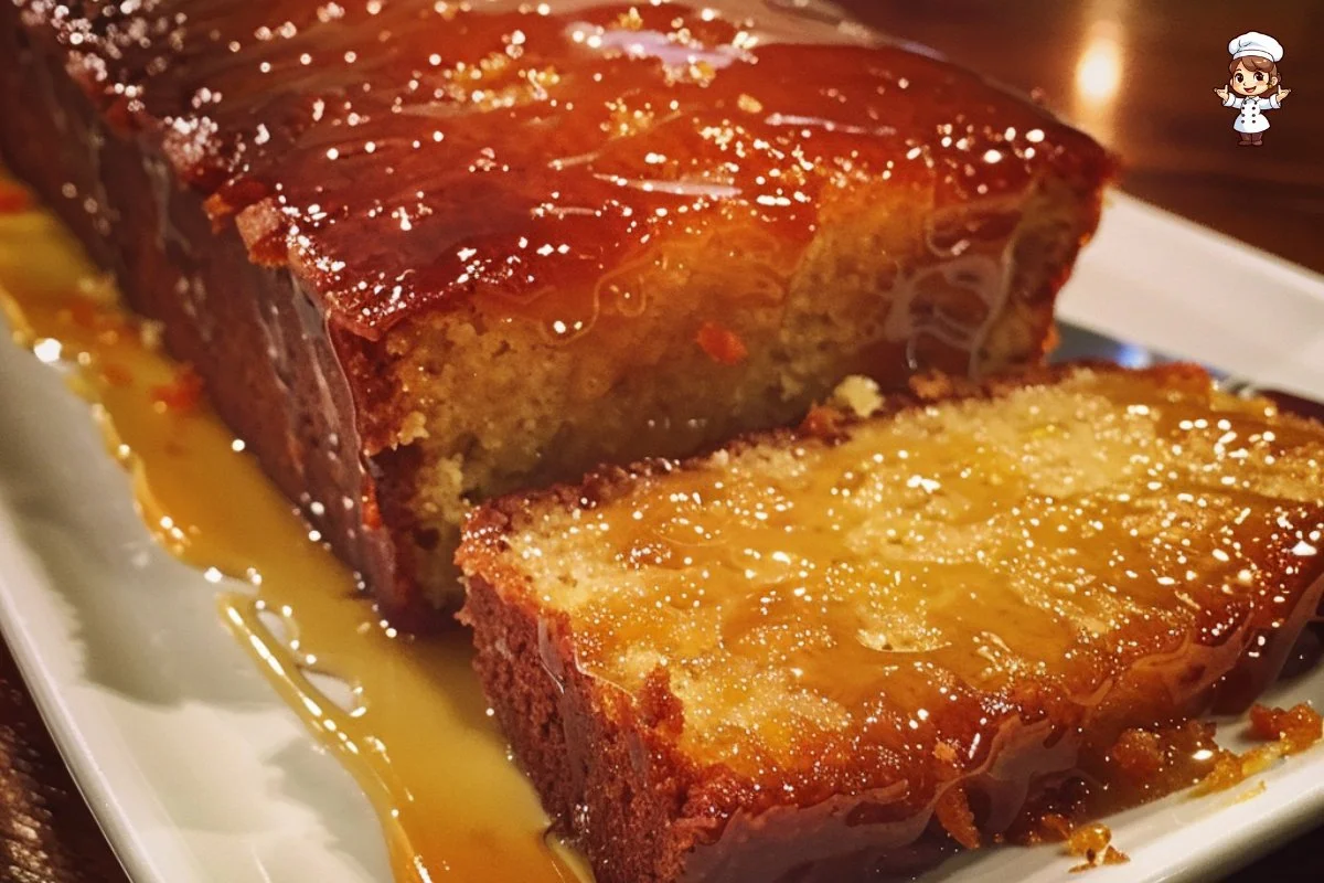 Sticky orange marmalade cake topped with golden syrup and orange slices.