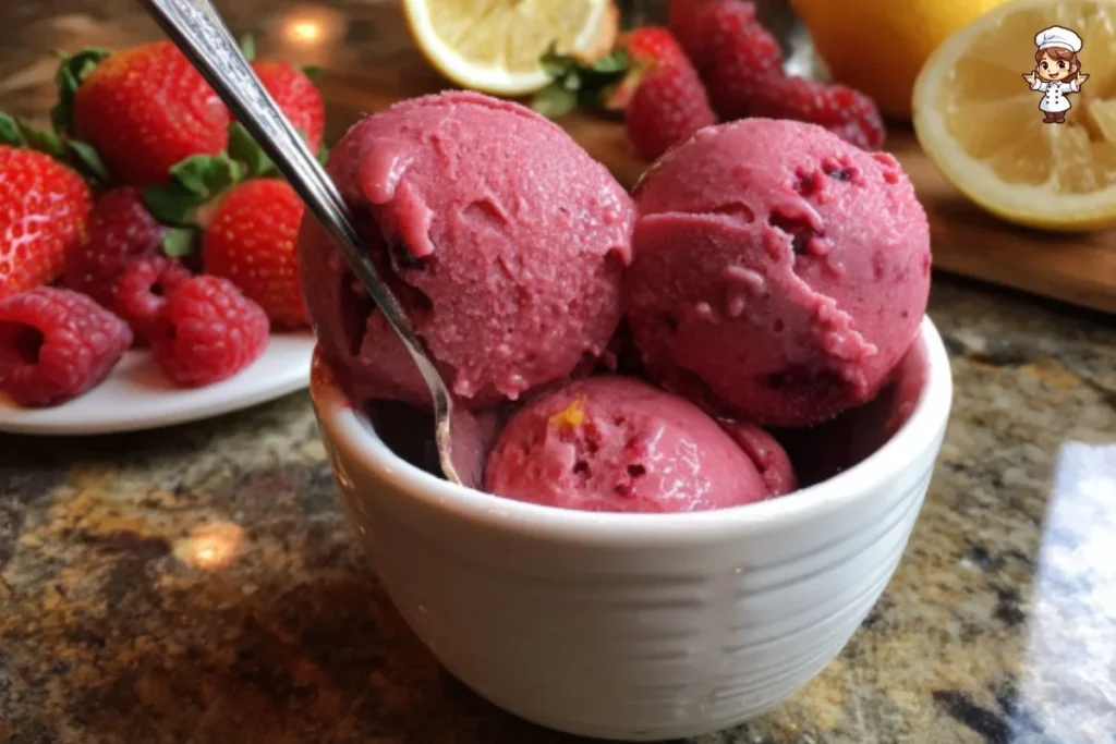 Bowl of homemade strawberry raspberry sorbet garnished with fresh berries