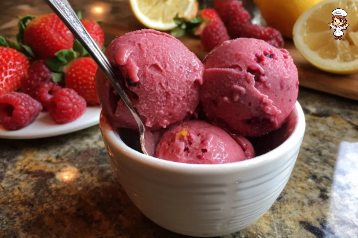 Bowl of homemade strawberry raspberry sorbet garnished with fresh berries