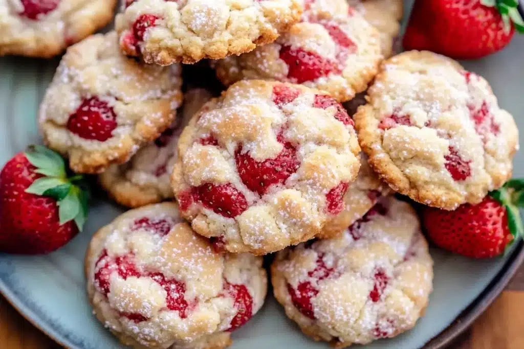 Freshly baked strawberry biscuit cookies on a plate