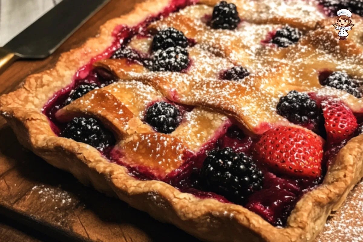 Delicious Strawberry Blackberry Slab Pie sliced and served on a plate.