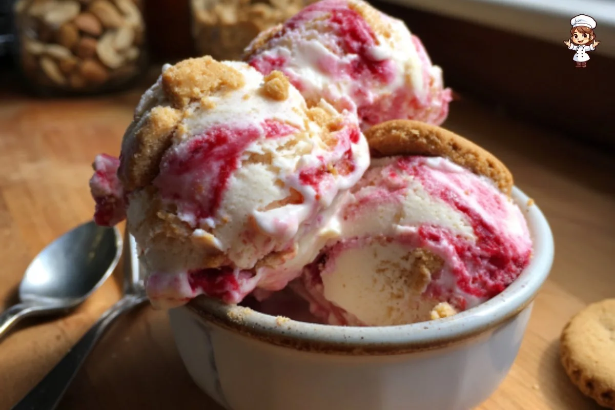 Bowl of strawberry cashew ice cream topped with fresh strawberries