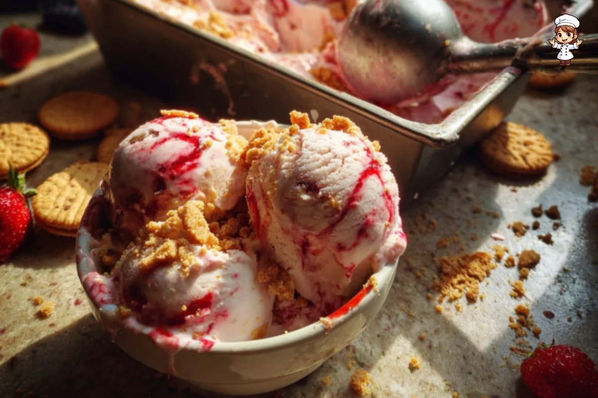 Homemade strawberry cashew ice cream served in a bowl with fresh strawberries