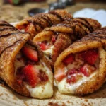 Delicious strawberry cheesecake chimichangas served with a berry drizzle.