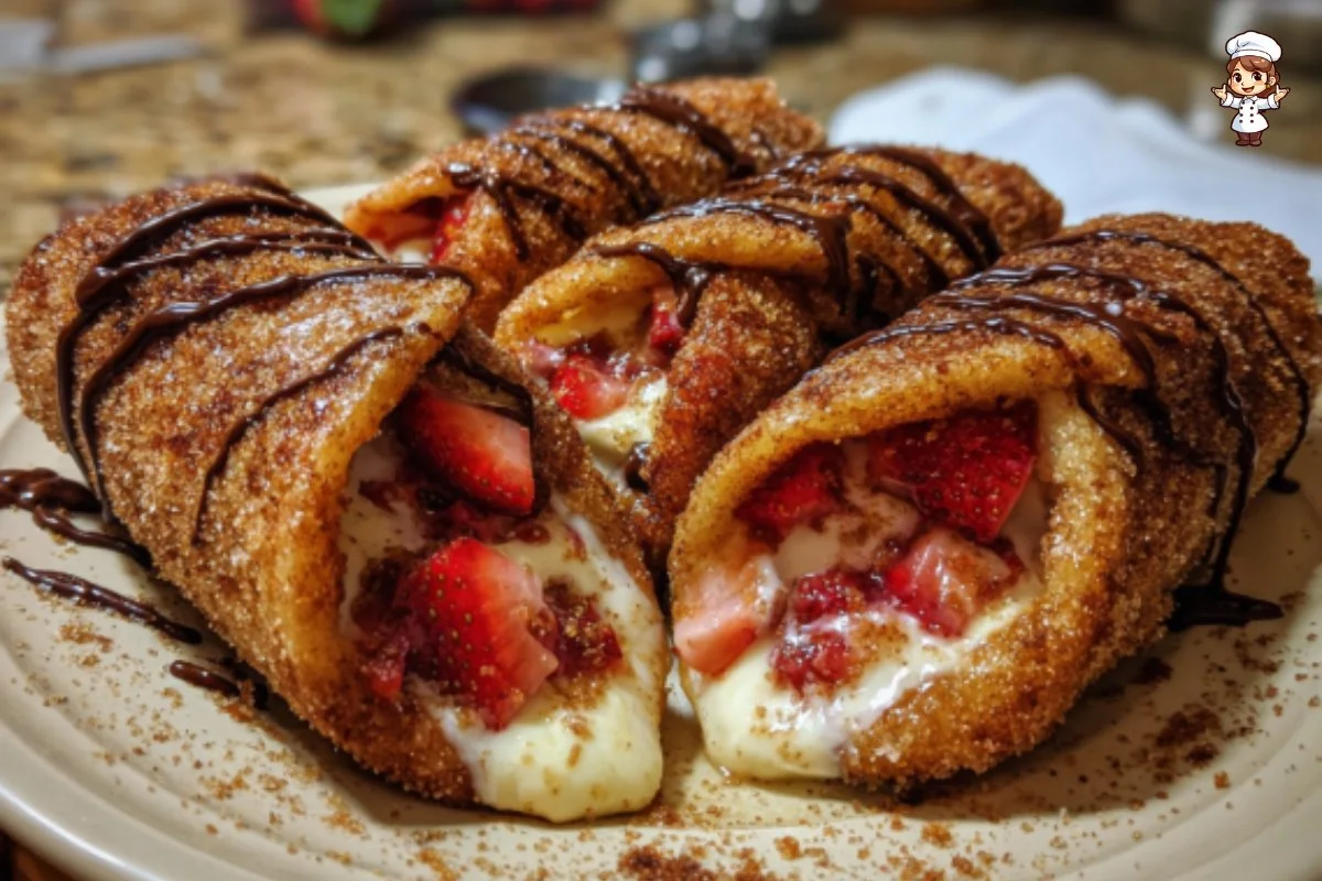 Delicious strawberry cheesecake chimichangas served with a berry drizzle.