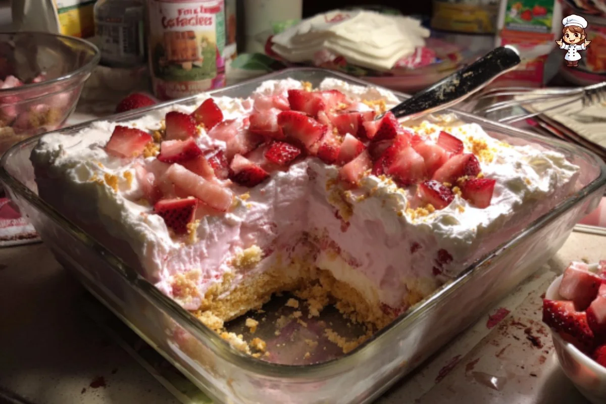 Delicious strawberry cheesecake lasagna layered with fresh strawberries and creamy filling