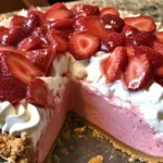 Delicious Strawberry Cheesecake Pie topped with fresh strawberries