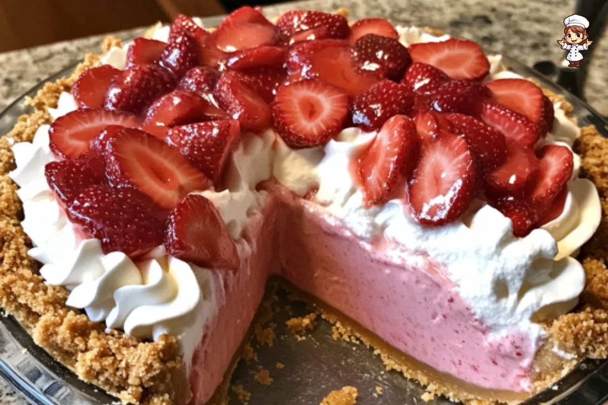 Delicious Strawberry Cheesecake Pie topped with fresh strawberries