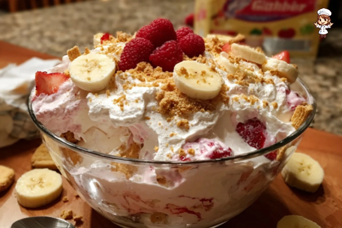 Strawberry Cheesecake Salad topped with fresh strawberries and creamy dressing