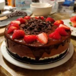Strawberry chocolate mousse cake topped with fresh strawberries and chocolate drizzle