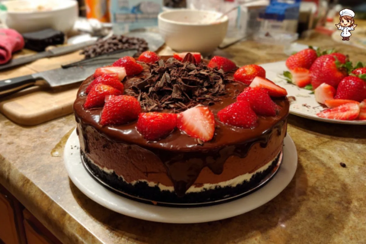 Strawberry chocolate mousse cake topped with fresh strawberries and chocolate drizzle
