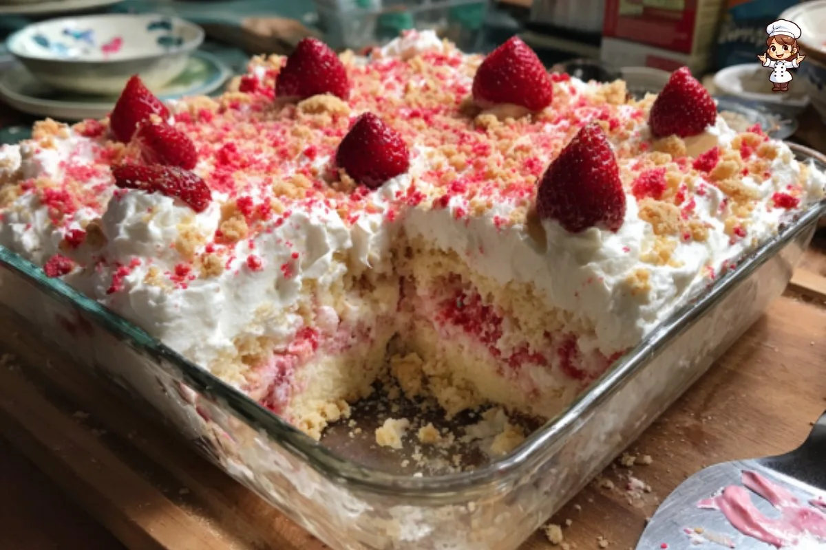 Delicious Strawberry Crunch Poke Cake with whipped cream and crunchy topping