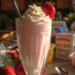 Delicious strawberry milkshake topped with whipped cream and fresh strawberries