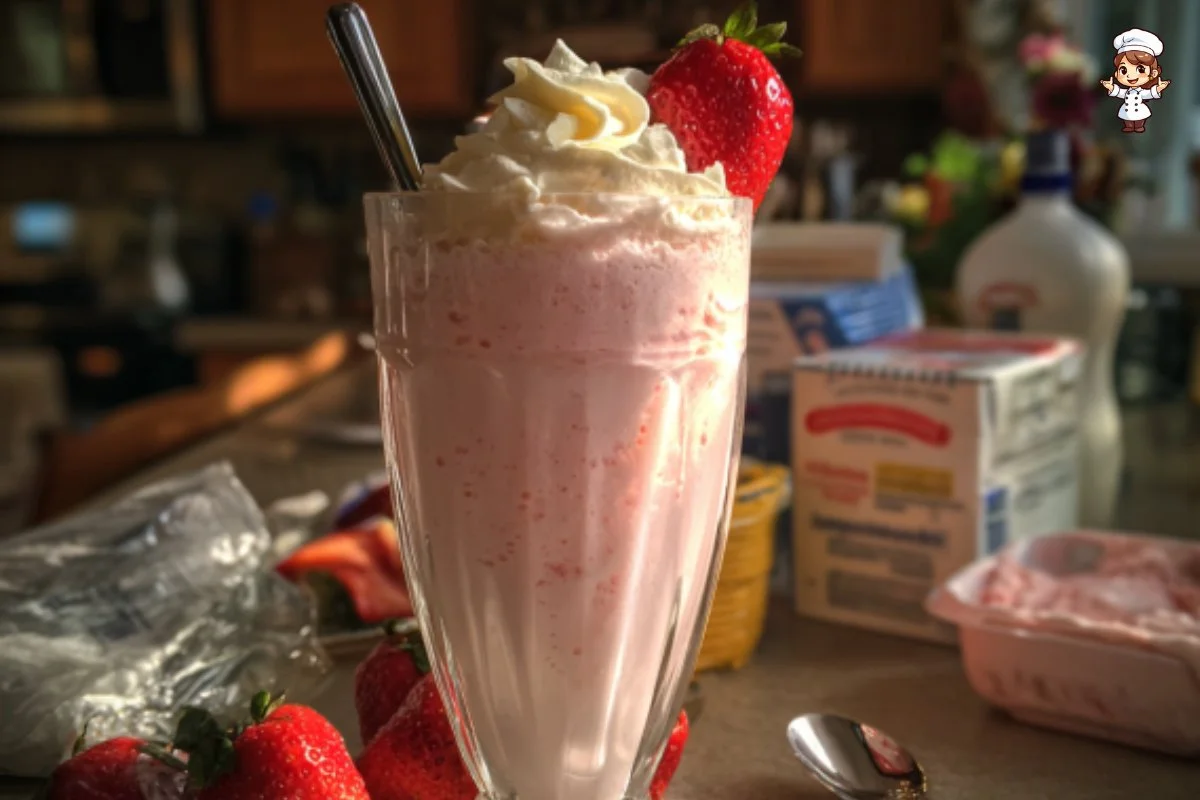 Delicious strawberry milkshake topped with whipped cream and fresh strawberries