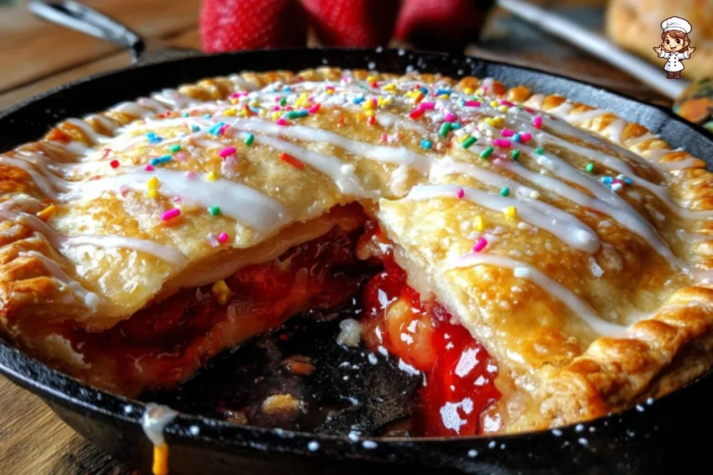 Delicious Strawberry Pop-Tart Skillet Pie with fresh strawberries and icing