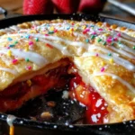 Delicious Strawberry Pop-Tart Skillet Pie with fresh strawberries and icing