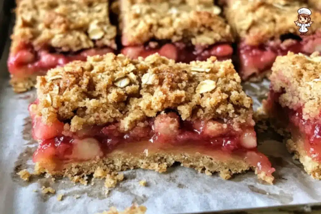 Delicious homemade strawberry rhubarb bars on a wooden table