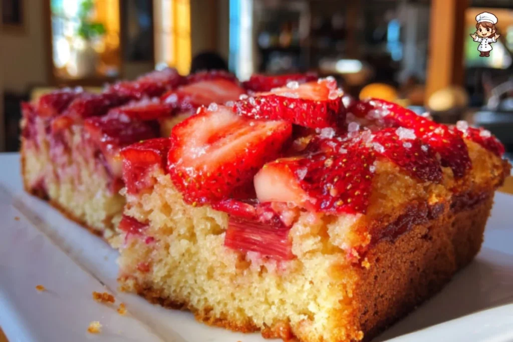 Slice of strawberry rhubarb breakfast cake on a plate with fresh strawberries