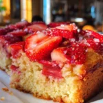 Slice of strawberry rhubarb breakfast cake on a plate with fresh strawberries