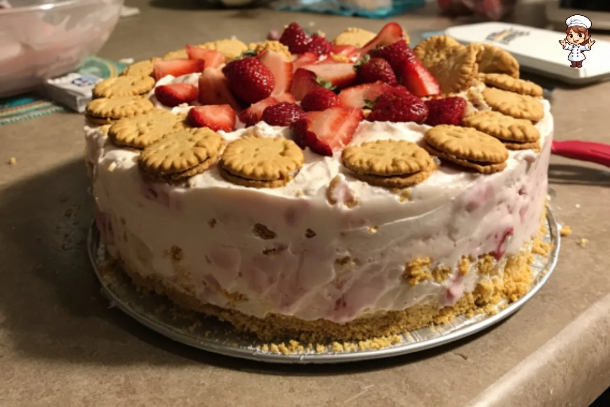 Delicious Strawberry Ritz Cake with fresh strawberries and creamy frosting