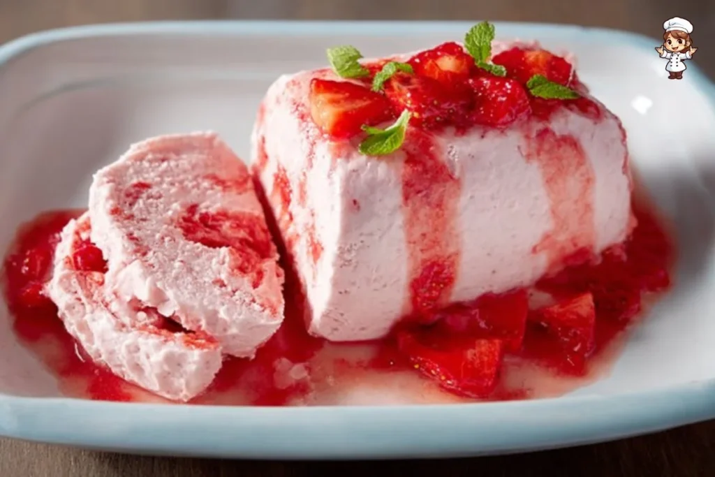 Delicious strawberry semifreddo garnished with fresh strawberries and mint leaves.