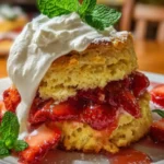 Delicious Strawberry Shortcake topped with fresh strawberries and whipped cream