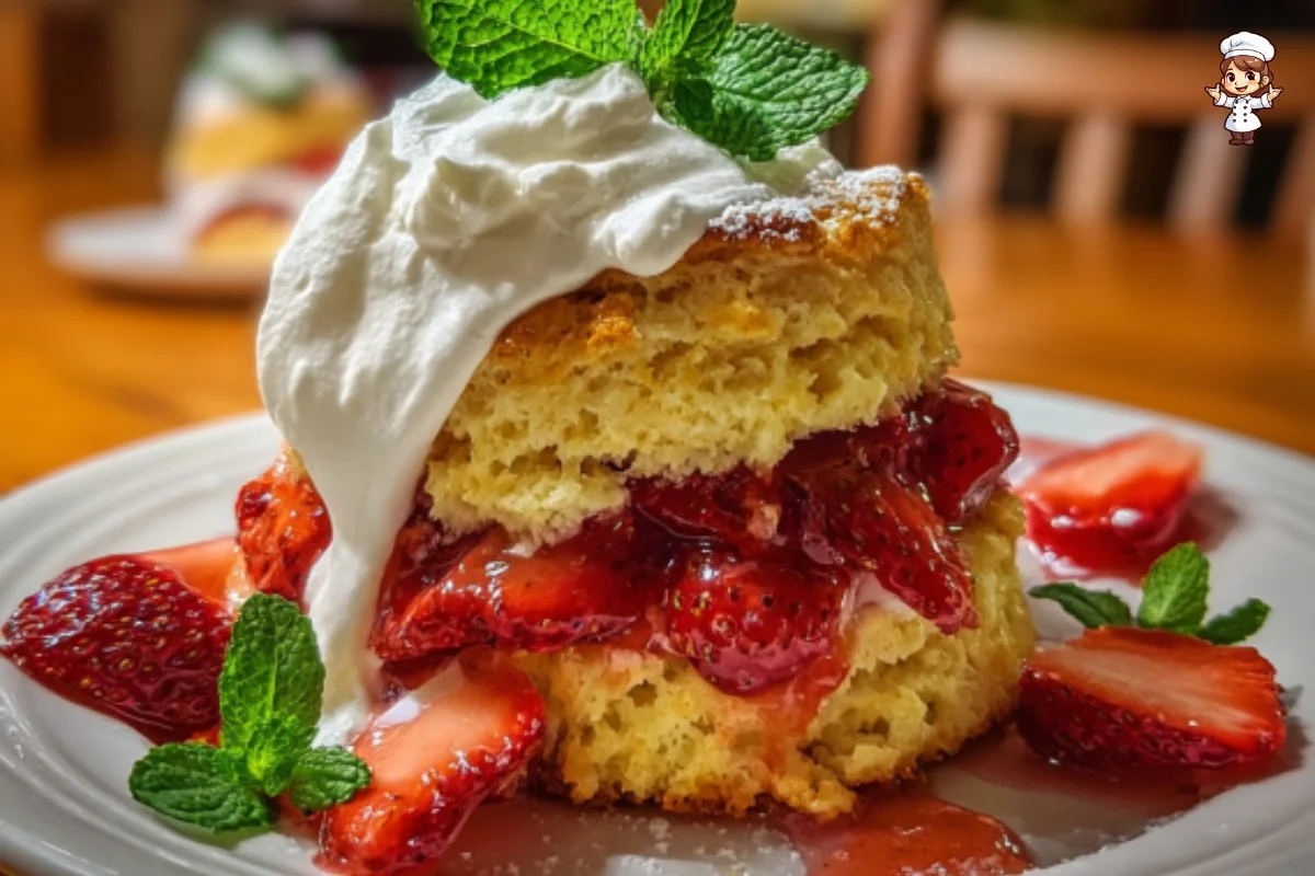 Delicious Strawberry Shortcake topped with fresh strawberries and whipped cream