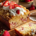 A slice of strawberry shortcake banana bread topped with fresh strawberries.