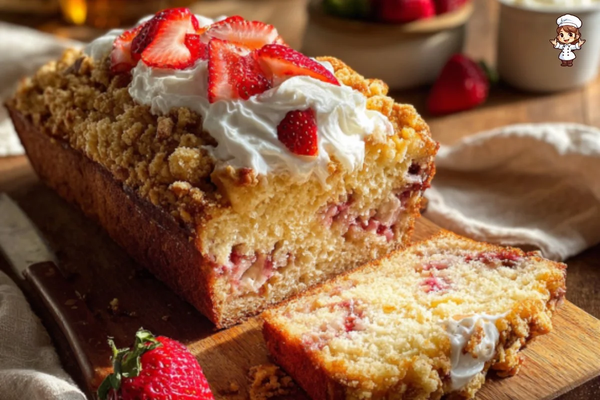 A slice of strawberry shortcake banana bread topped with fresh strawberries.
