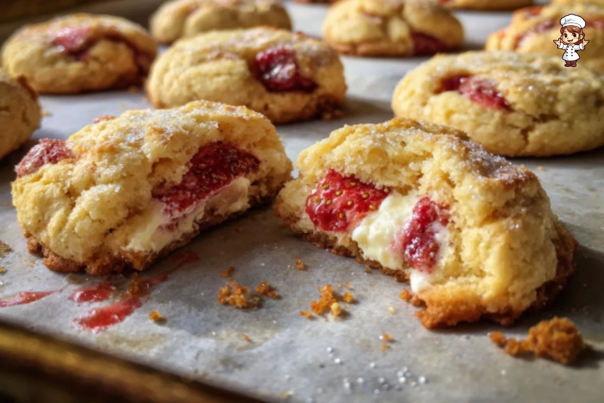 Delicious Strawberry Shortcake Cookies topped with fresh strawberries and whipped cream