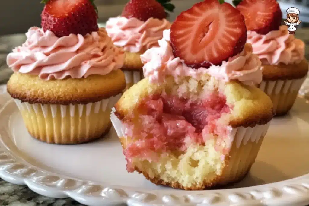 Delicious strawberry shortcake cupcakes topped with fresh strawberries and cream