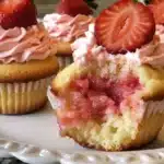 Delicious strawberry shortcake cupcakes topped with fresh strawberries and cream