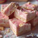 Delicious strawberry shortcake fudge topped with fresh strawberries and whipped cream.