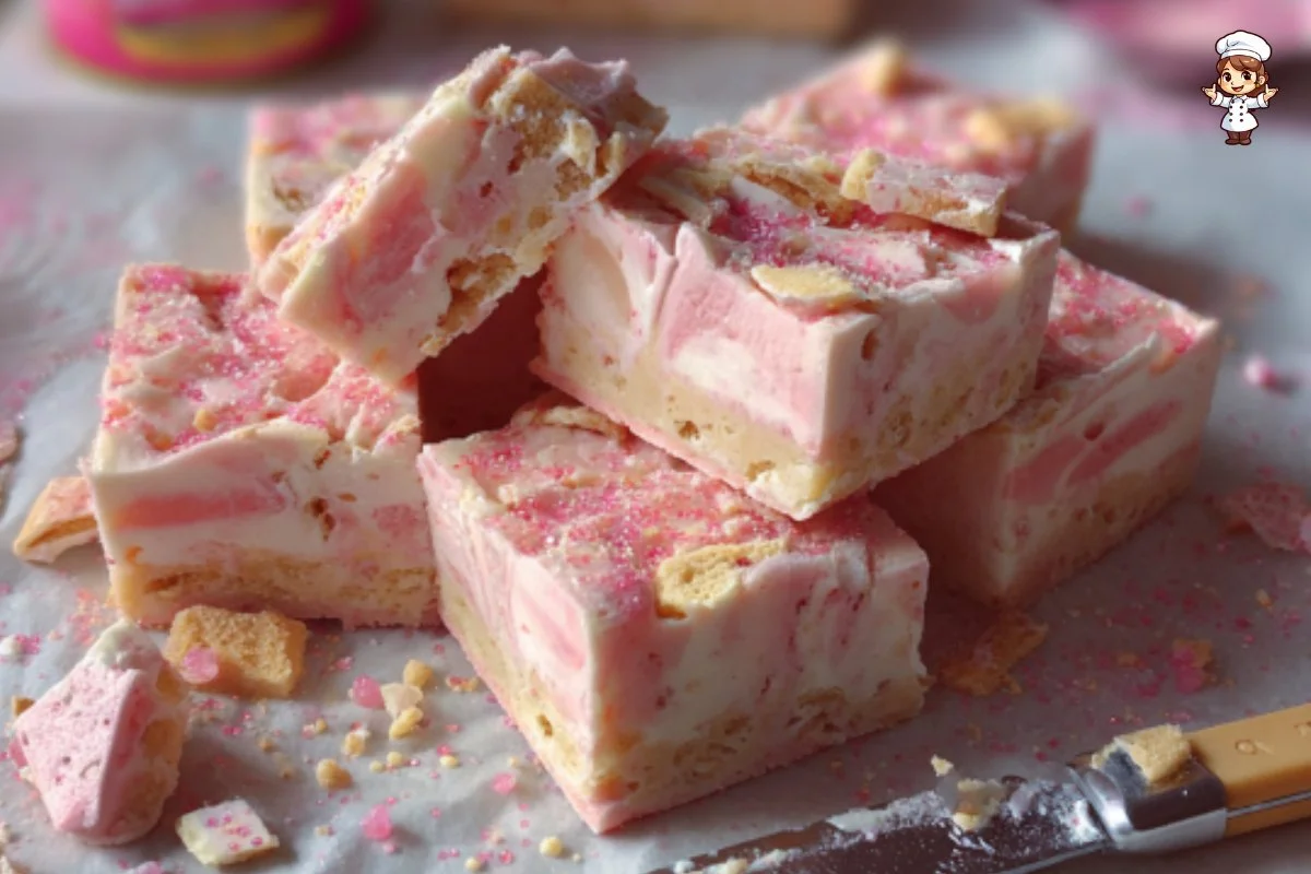 Delicious strawberry shortcake fudge topped with fresh strawberries and whipped cream.