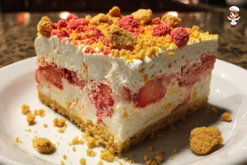 Slice of Strawberry Shortcake Ice Cream Cake topped with fresh strawberries