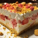Slice of Strawberry Shortcake Ice Cream Cake topped with fresh strawberries