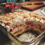 Delicious Strawberry Shortcake Lasagna layered with strawberries and cream