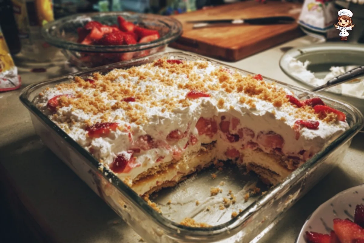 Delicious Strawberry Shortcake Lasagna layered with strawberries and cream