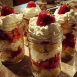 Delicious Strawberry Shortcake Trifles in glass cups layered with fresh strawberries and cream