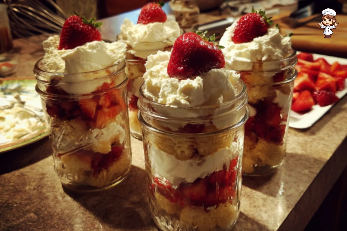 Delicious Strawberry Shortcake Trifles in glass cups layered with fresh strawberries and cream