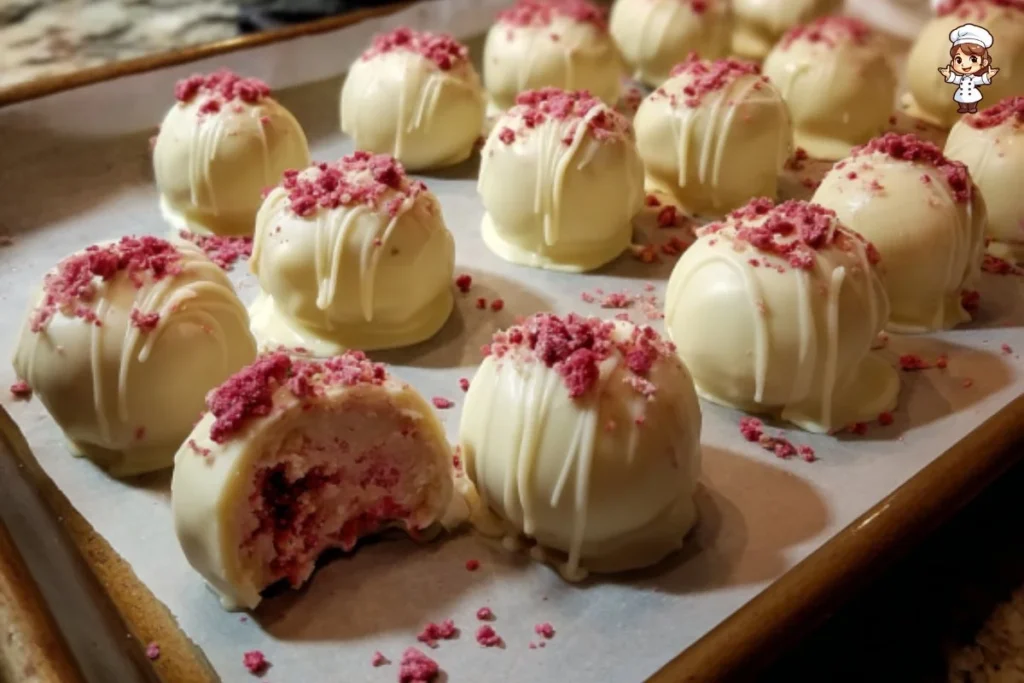 Delicious Strawberry Shortcake Truffles topped with fresh strawberries