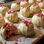 Delicious Strawberry Shortcake Truffles topped with fresh strawberries