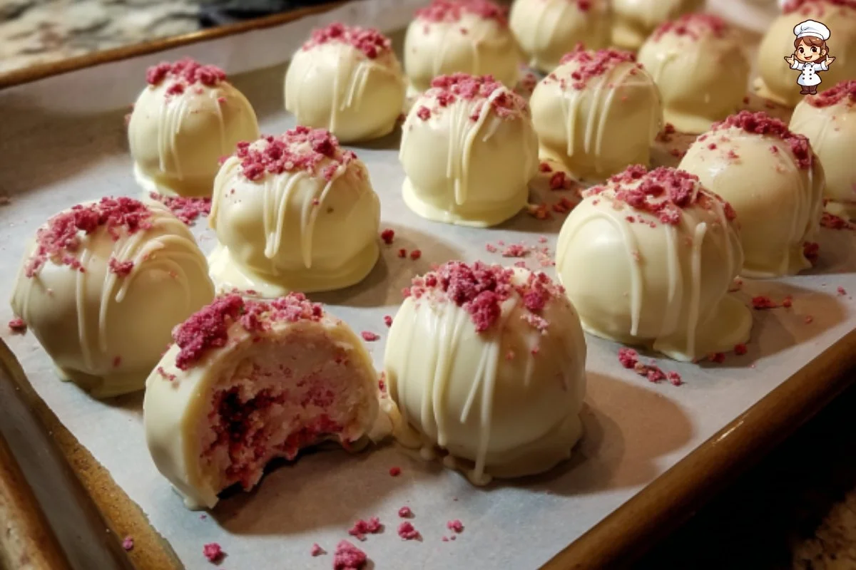 Delicious Strawberry Shortcake Truffles topped with fresh strawberries
