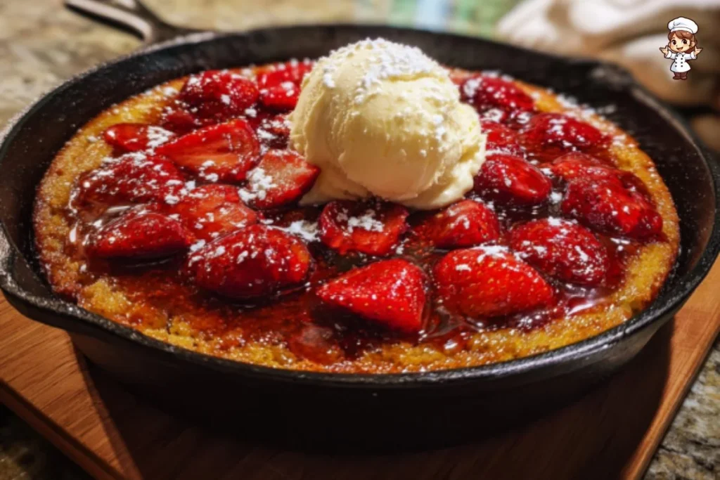Delicious strawberry skillet cake baked in a cast iron skillet with fresh strawberries