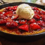 Delicious strawberry skillet cake baked in a cast iron skillet with fresh strawberries