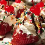 Delicious stuffed strawberries filled with creamy filling and topped with chocolate.