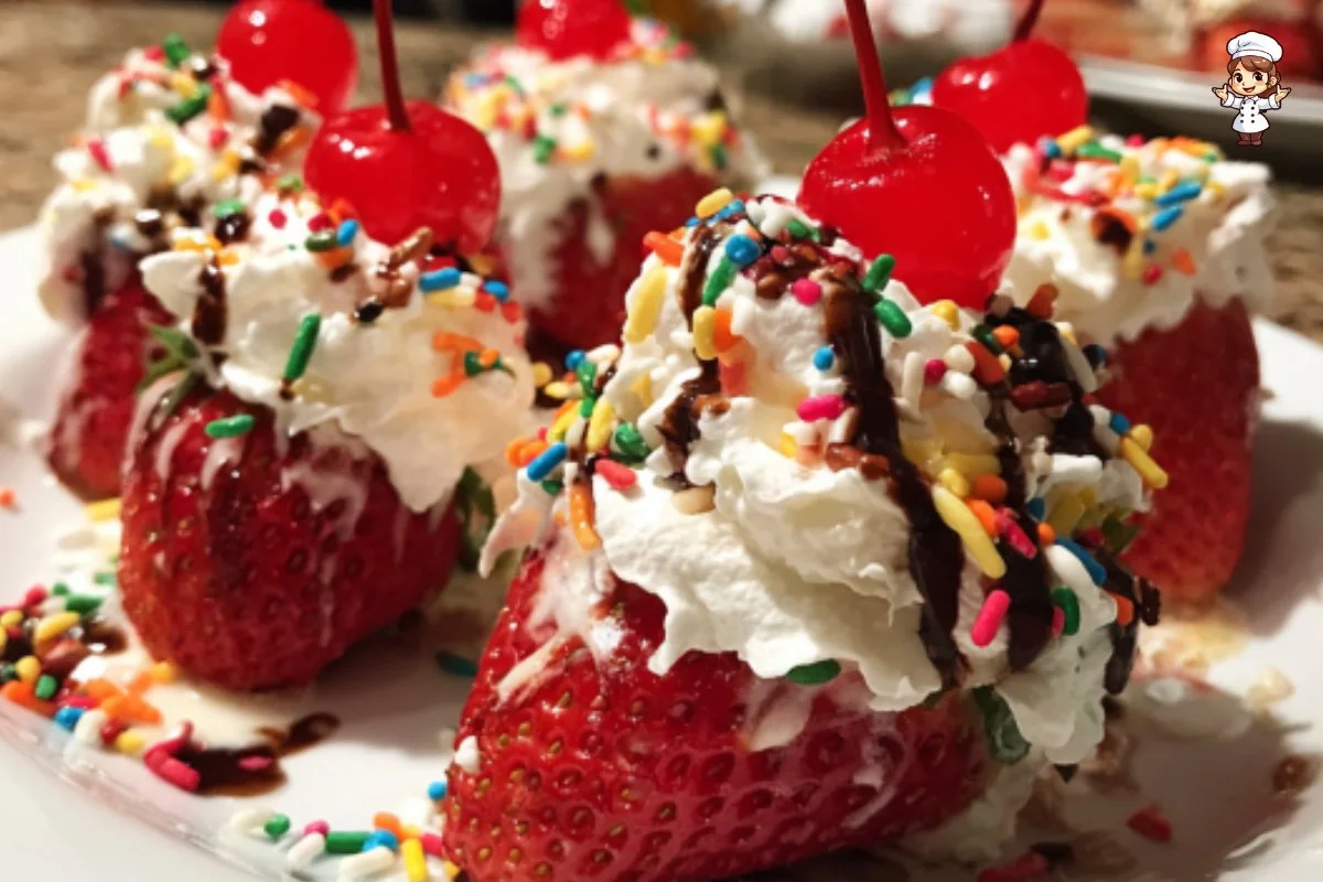 Delicious stuffed strawberries filled with creamy filling and topped with chocolate.