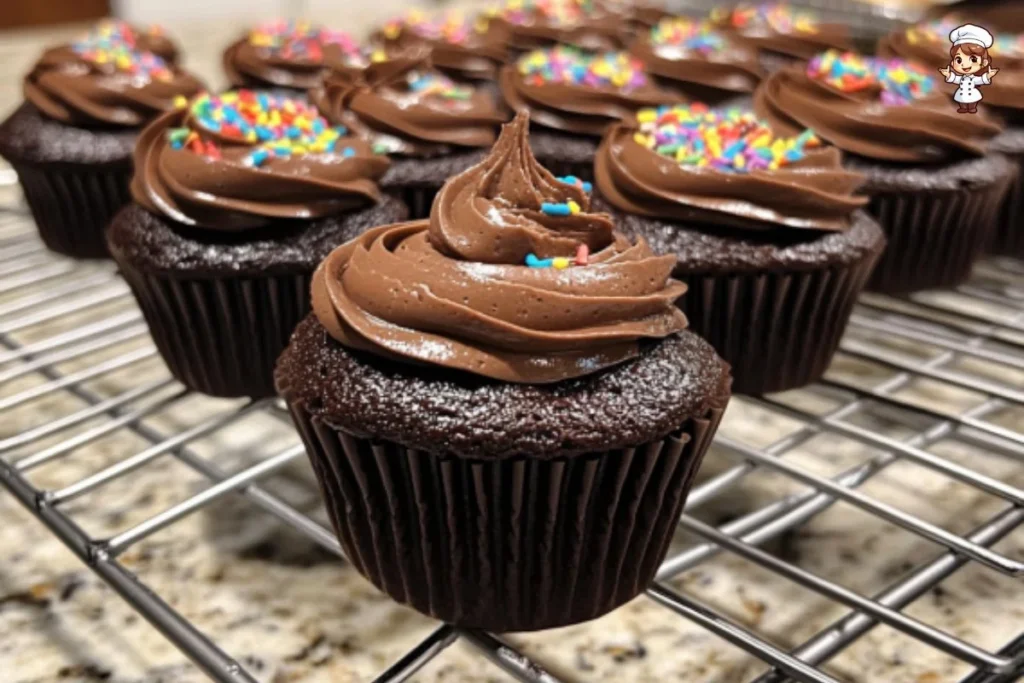 Super moist chocolate cupcakes topped with rich chocolate frosting