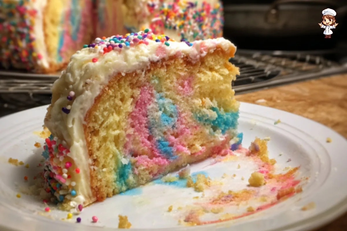 Colorful Tie-Dye Cake displayed on a dessert table.
