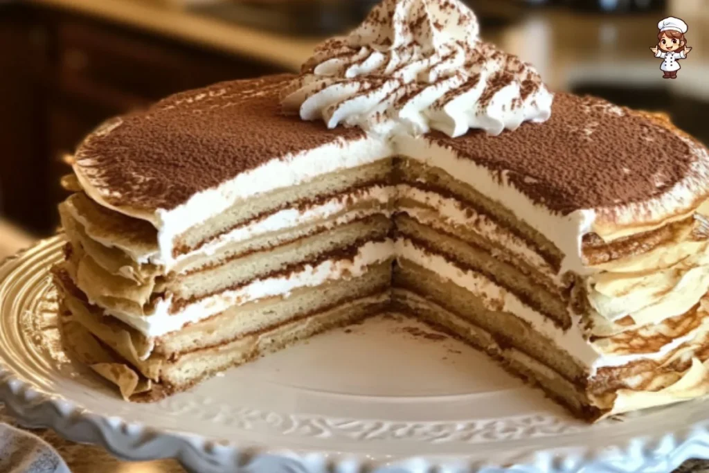 Delicious tiramisu crepe cake layered with coffee cream